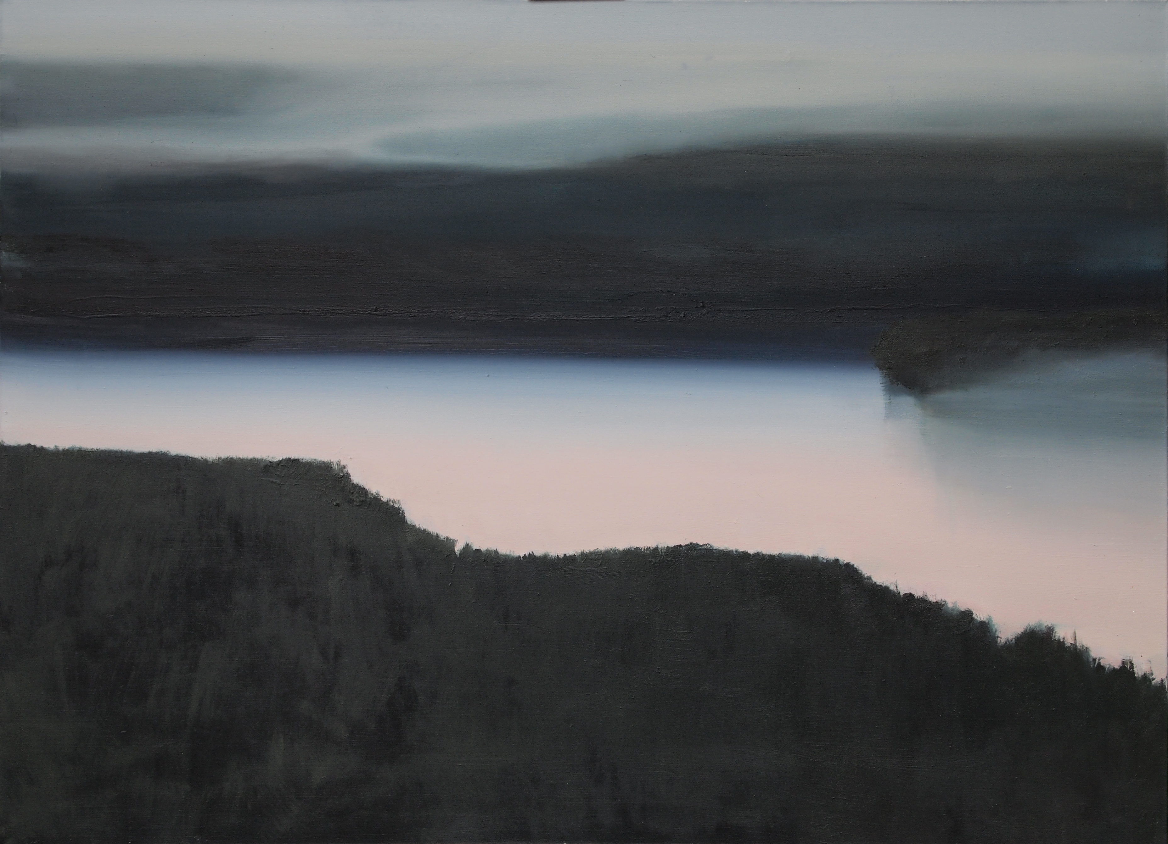 Malarski pejzaż przedstawiajacy impresyjne przedstawienie rzeki o zmierzchu. Obraz autorstwa Urszuli Kałmykow