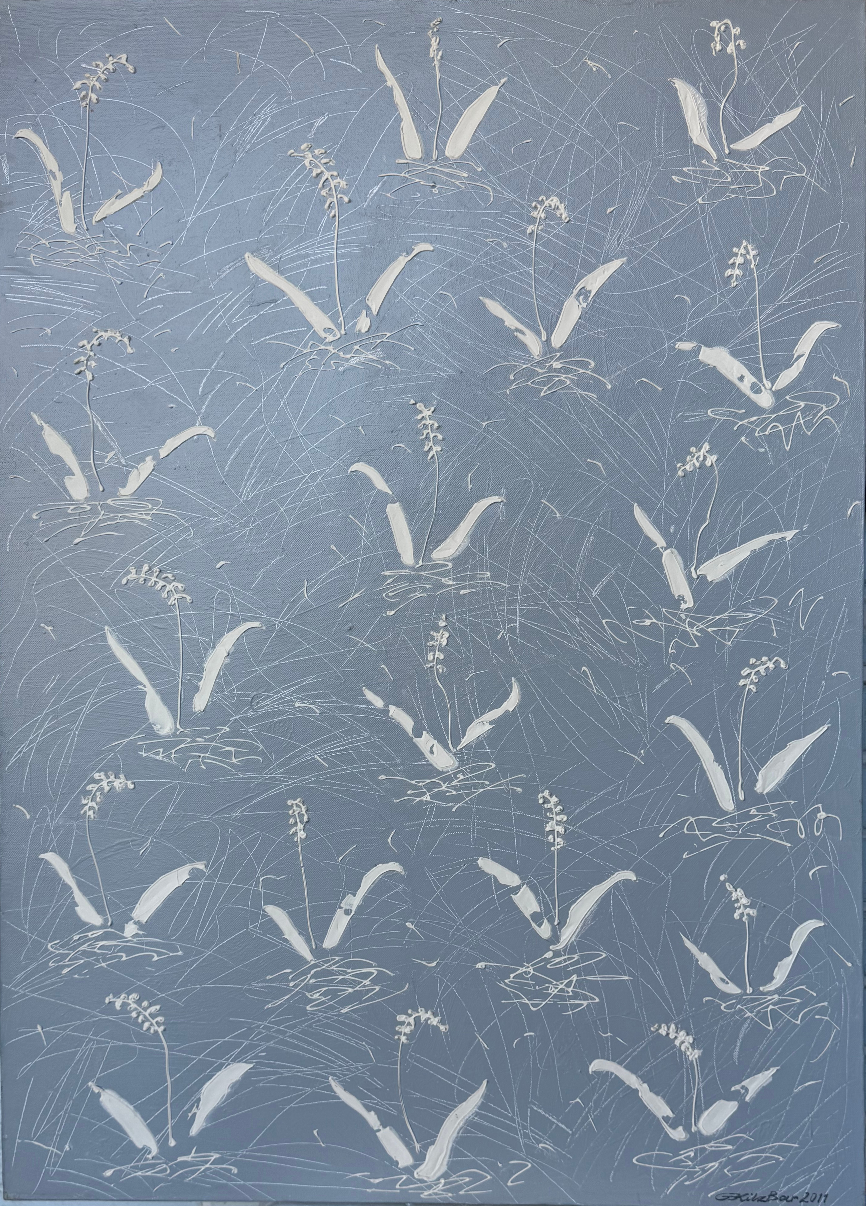 malarstwo, kwiaty,  szaro- niebieski