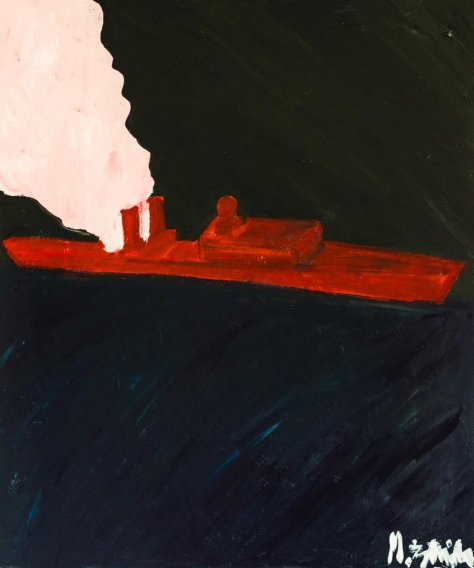 Ekspresyjny obraz Żytniaka z rosyjskim okrętem na morzu.