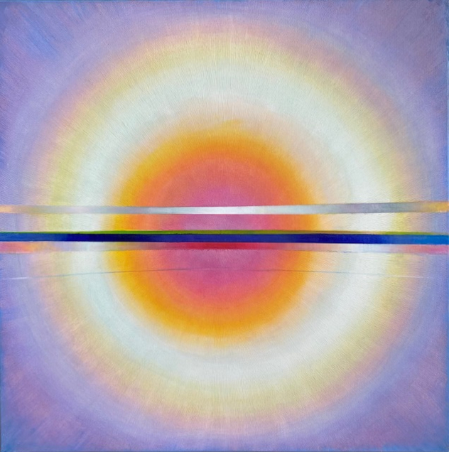 Kolorowy obraz abstrakcyjny z motywem koła-słońca i promieni rozchodzących się na boki.