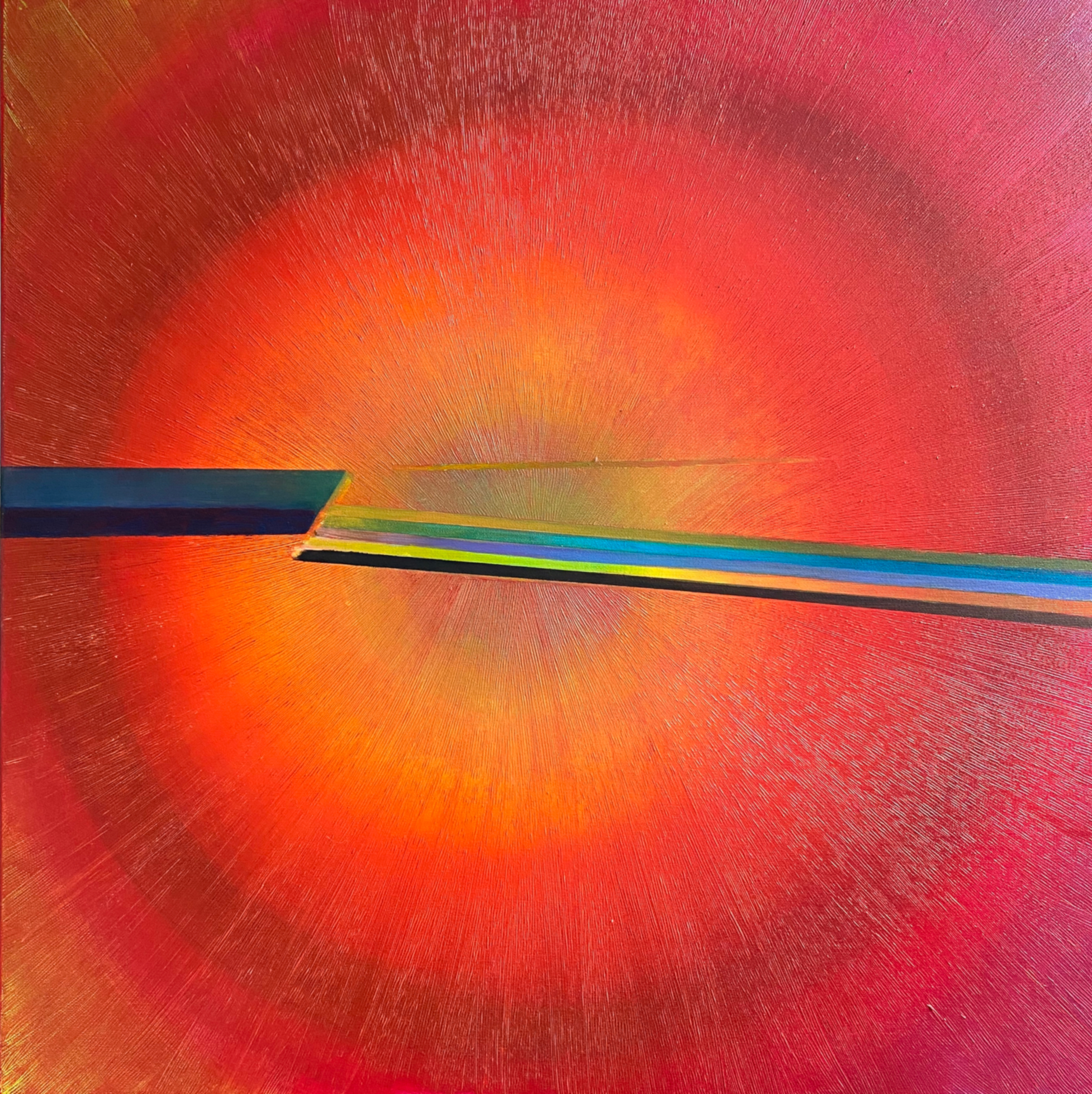 Czerwony obraz z motywem koła i intensywnymi promienistymi pociągnięciami pędzla.