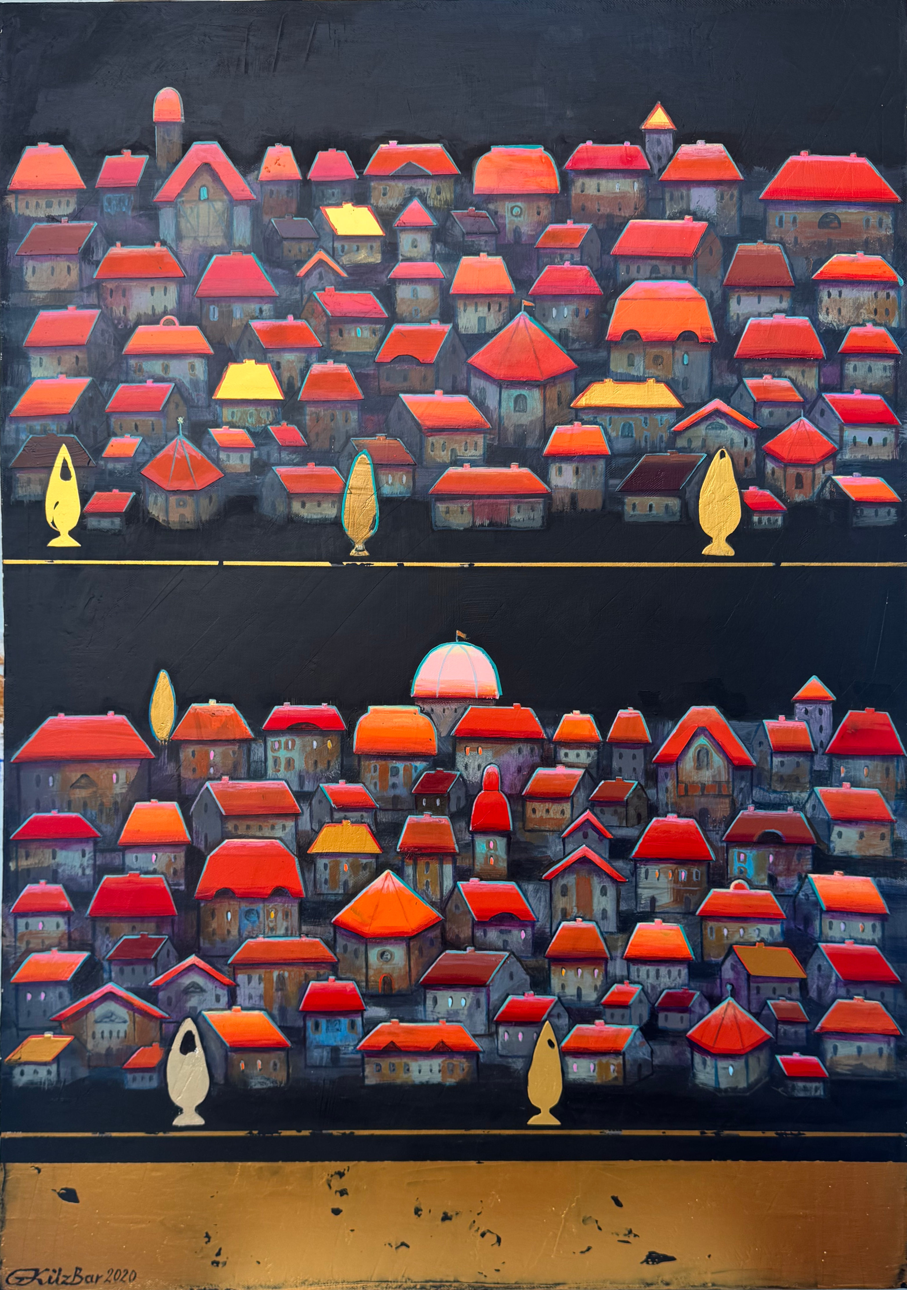 osada przy drodze, drzewa , czerwone dachy