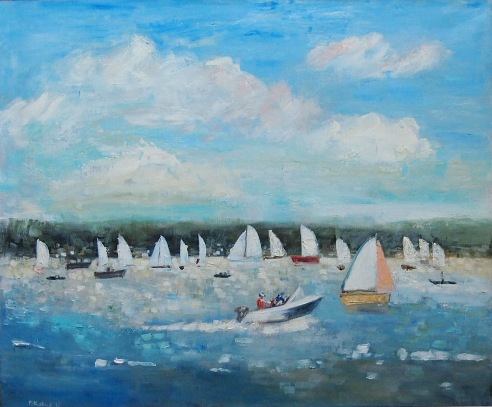 żaglówki na jeziorze, błękitne niebo