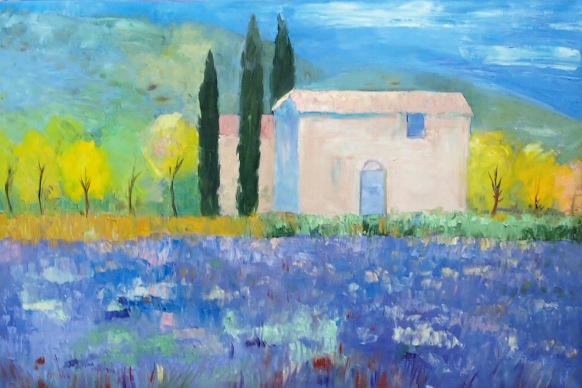 pejzaż, cyprysy, dom