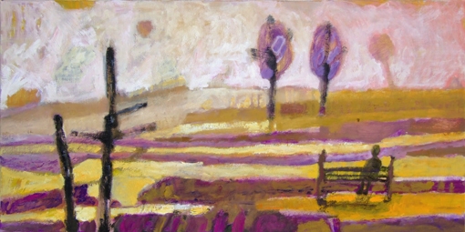 park, człowiek na ławce, drzewa żółty, fioletowy