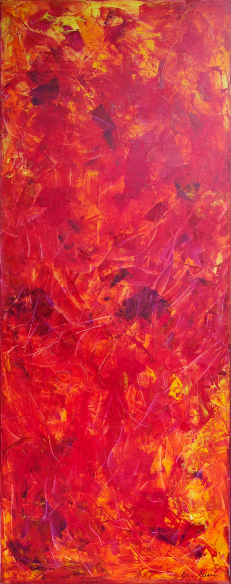 Ekspresyjny, ogniście czerwony podłużny obraz abstrakcyjny do salonu.