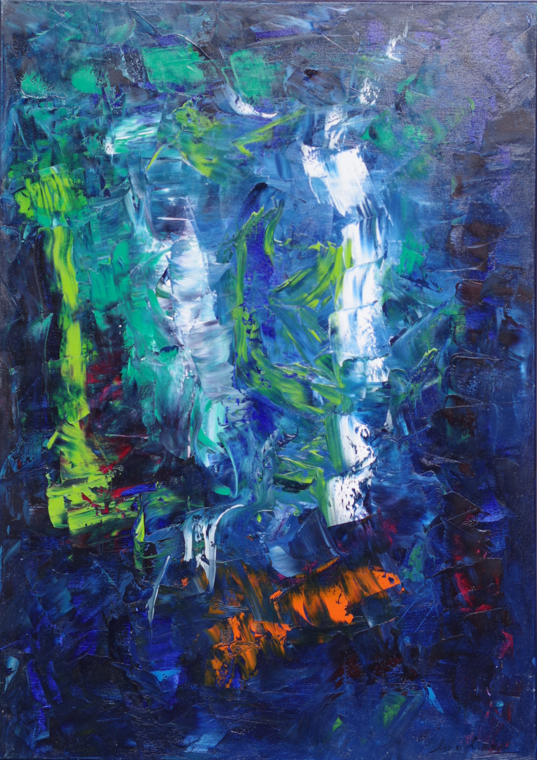 abstrakcja granatowa, dukt pędzla, żywe barwy intensywne kolory, ekspresyjny obraz