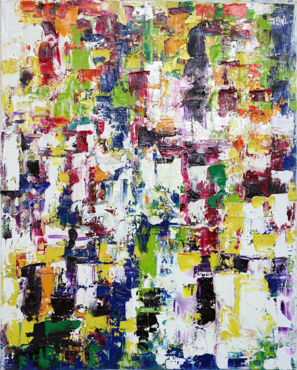 Abstrakcja różnokolorowa, dynamiczna paleta malarska, widoczny dukt pędzla, wielobarwne plamy nakładane szpachlą