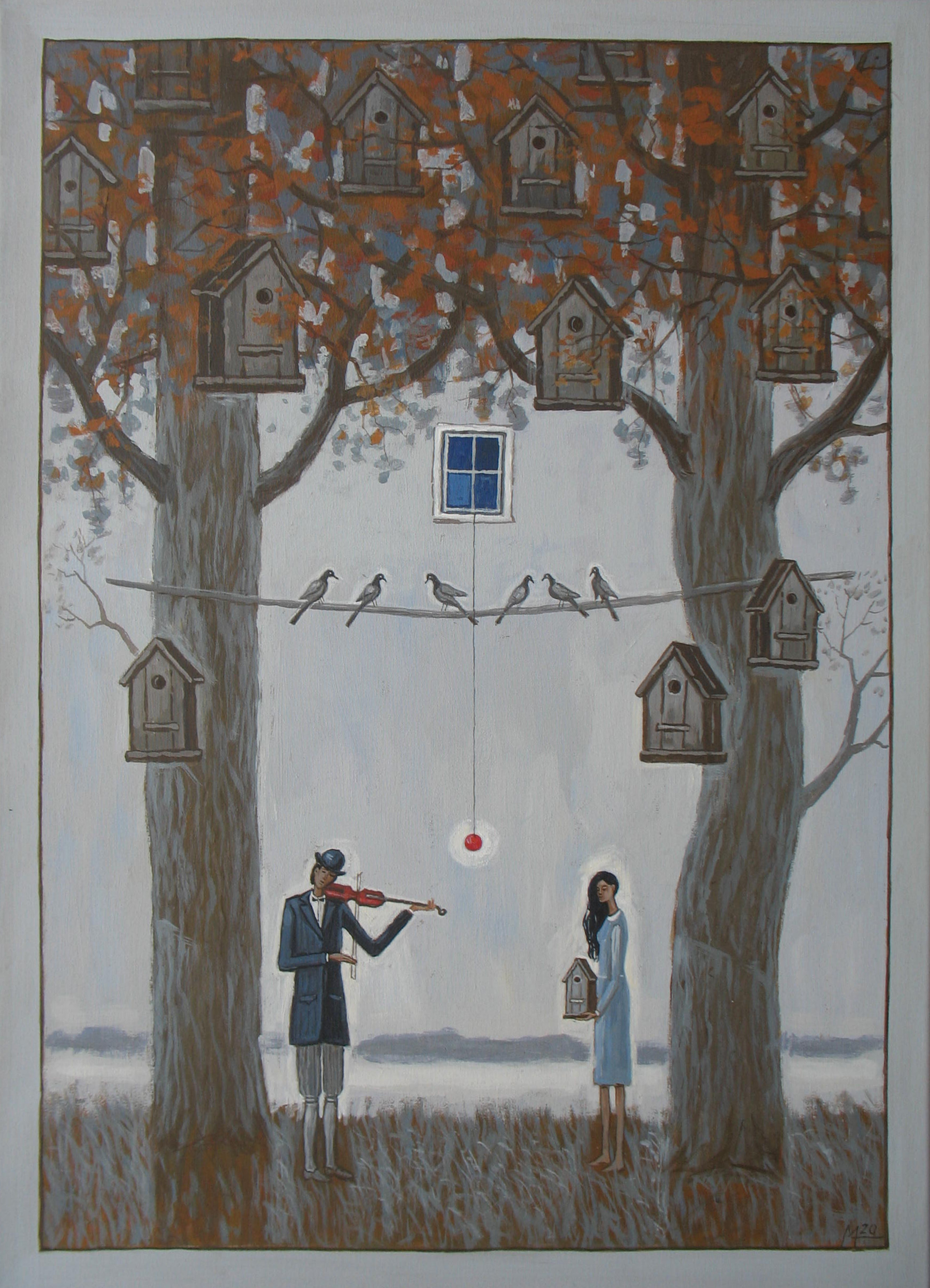 kobieta, skrzypek, drzewa z budkami dla ptaków