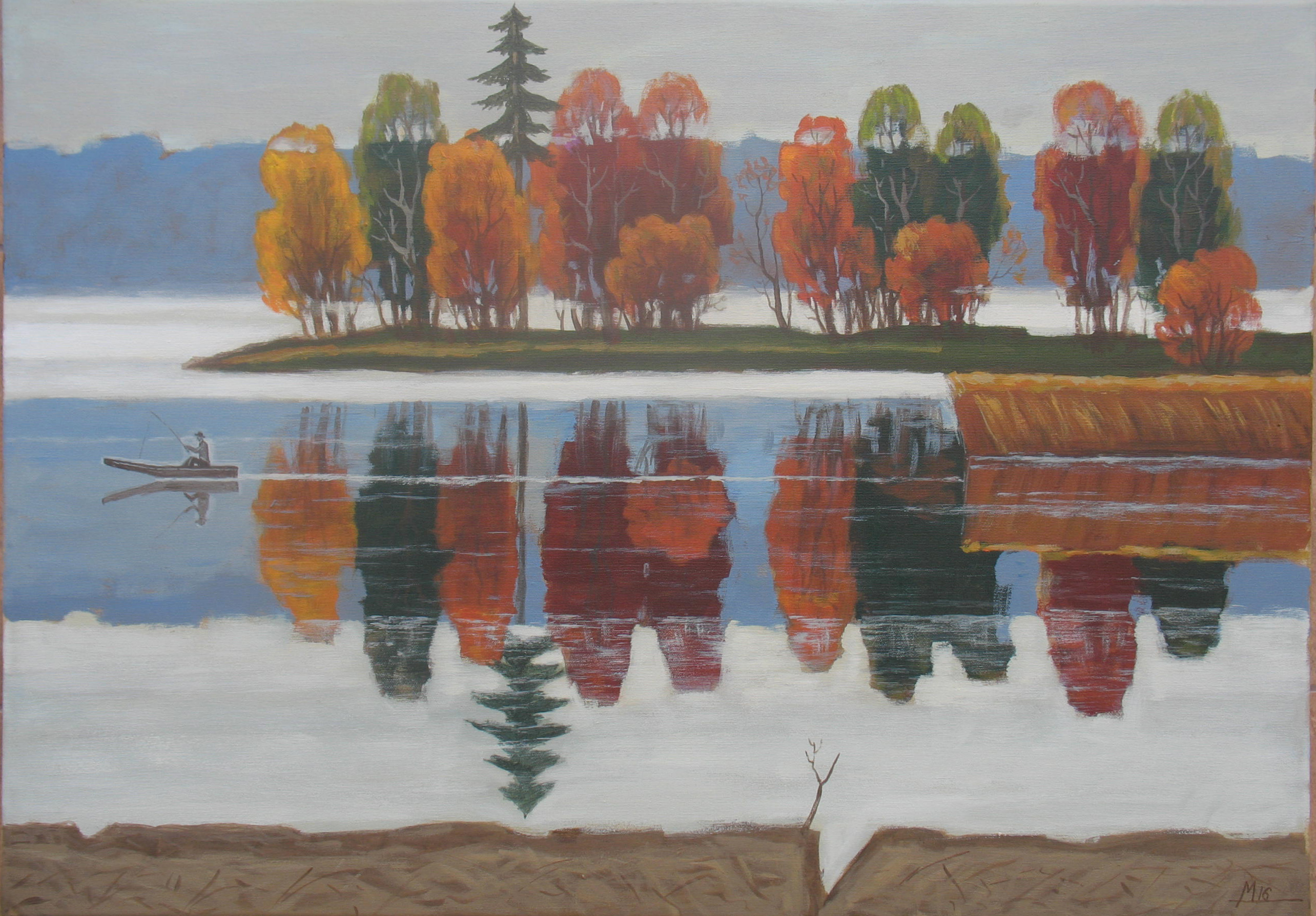 pejzaż,  jesień, drzewa odbijają się w jeziorze