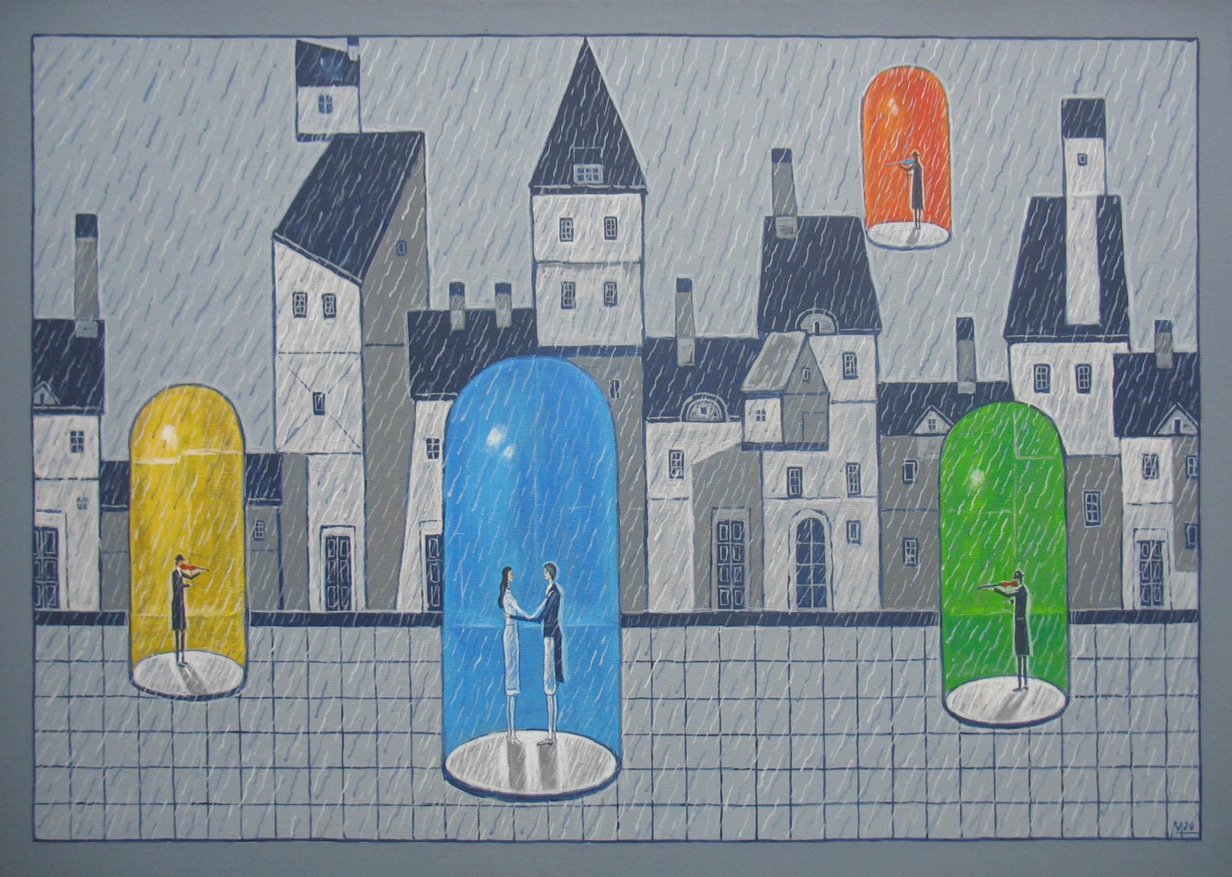 miasto, ludzie zamknięci w swoich bańkach, ilustracja, deszcz, proste linie