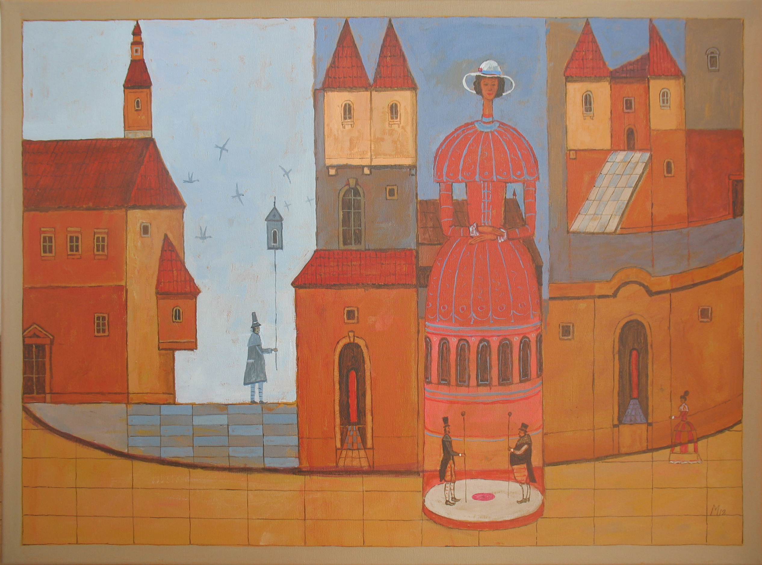 bajkowe miasto, ludzie, ilustracja, proste kształty i linie, pomarańczowy