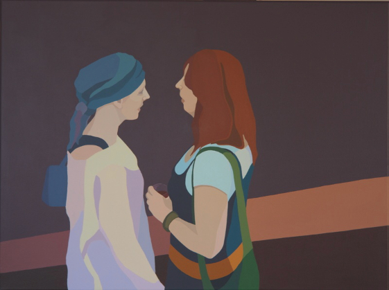 dwie kobiety rozmawiają, spotkanie, jednolite plamy barwy, czyste kolory, graficzny obraz