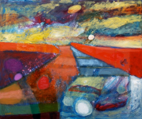 Abstrakcyjny obraz olejny w żywych barwach z dynamicznymi kształtami i kontrastującymi ciepłymi oraz chłodnymi tonami, pejzaż, krajobraz, pola, kompozycja kolorów