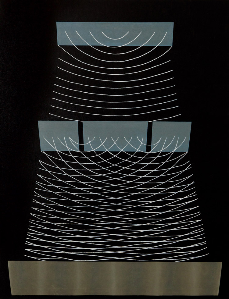 figura geometryczna na czarnym tle, cienkie linie, łuki, prostokąty, geometryczna abstrakcja