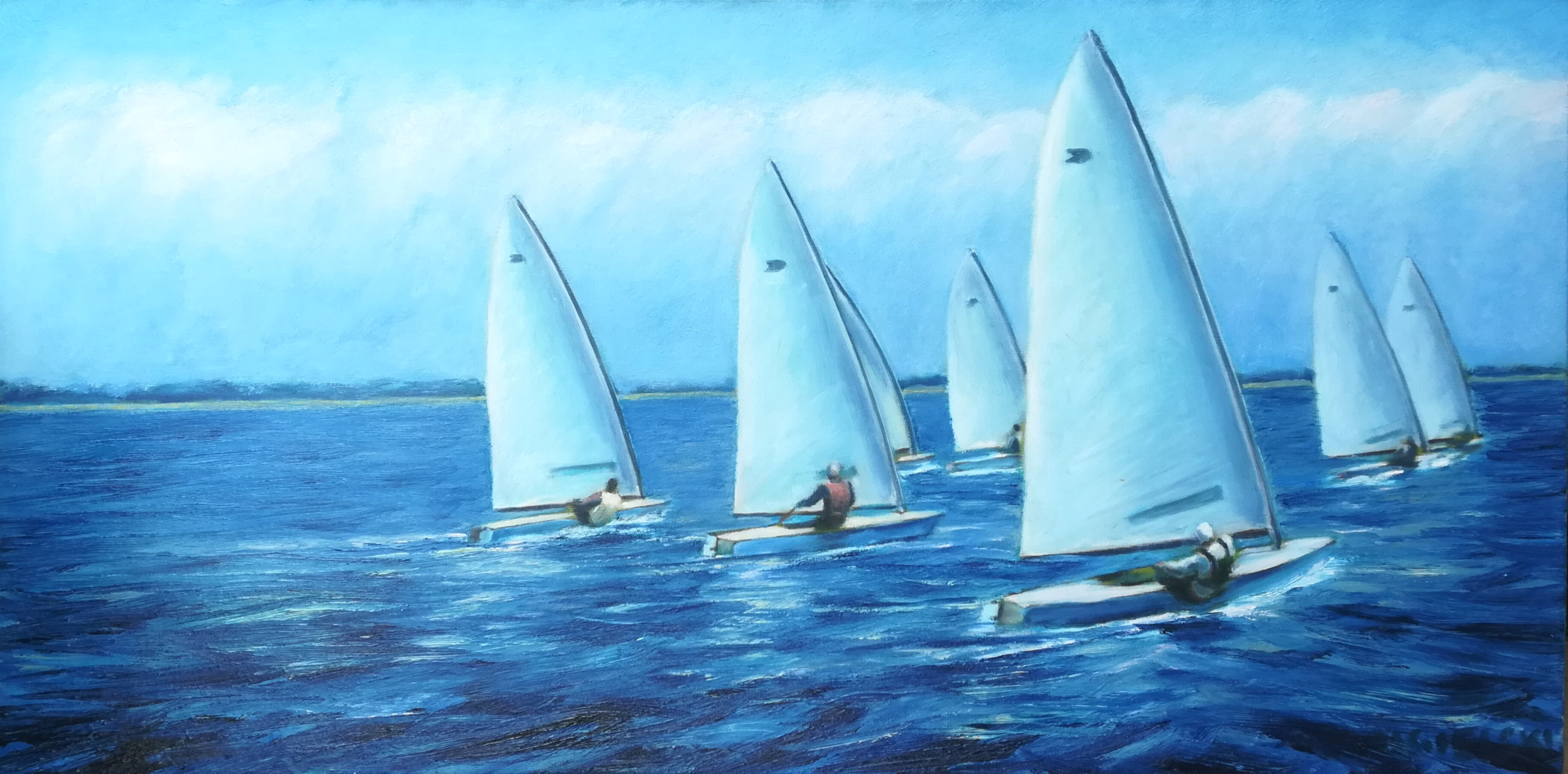 Żaglówki Ok Dinhy płynące w regatach na jeziorze. woda, sport, regaty, żaglówki