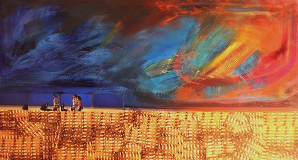 kobiety idące z wózkami dziecięcymi, wzory, abstrakcyjne niebo, żywe kolory, intensywne barwy