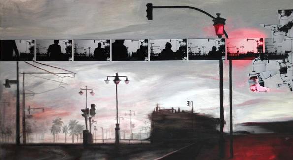 ulica w mieście. latarnie, palmy, mgliste miasto, kontrasty, kolaż