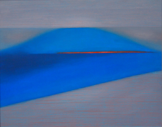 abstrakcja z przewagą niebieskiego na szaro-różowym tle