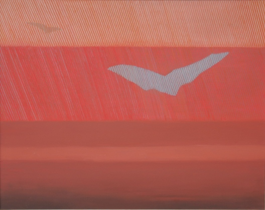 ptaki na czerwonym tle, pasy, pomarańczowe linie, geometryczne