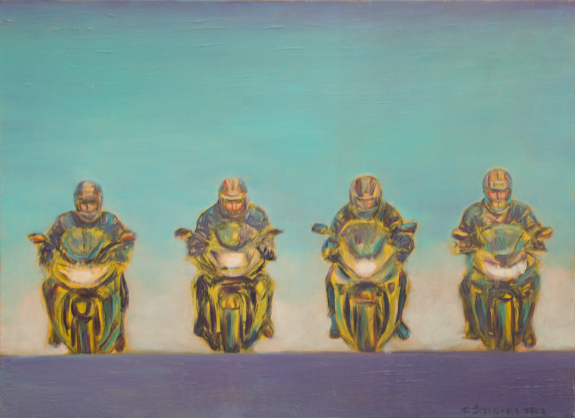 czterej motocykliści jadą koło siebie, postaci, ludzie, motory