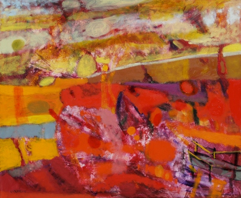 Abstrakcyjny obraz olejny, ciepłe barwy, kolor, czerwień, pomarańcz, żółty, jesień, pola, pejzaż, abstrakcja