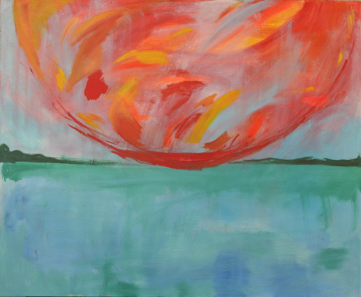 pejzaż niebiesko-czerwony, abstrakcyjny, niebo, słońce, woda, jezioro