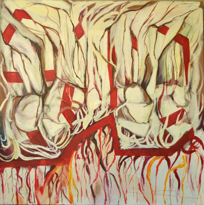 abstrakcja , motywy organiczne, korzenie, czerwona linia, wstęga