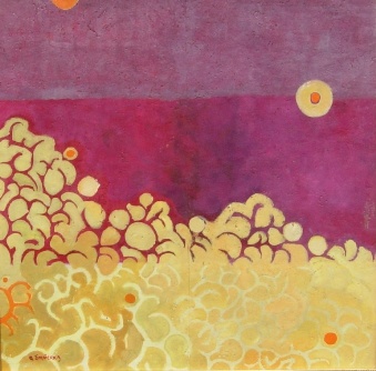 zółto - amarantowy obraz , dekoracyjny, wzory ażurowe, abstrakcja, kropki