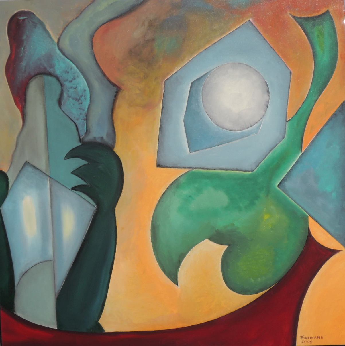 abstrakcja pomarańczowo-niebieska, stonowane kolory, nietypowe kształty,