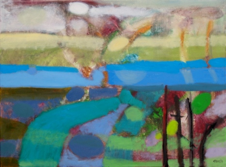 Abstrakcyjny pejzaż, żywe kolory, błękit, zieleń i żółty, natura, światło, wiosna, pola