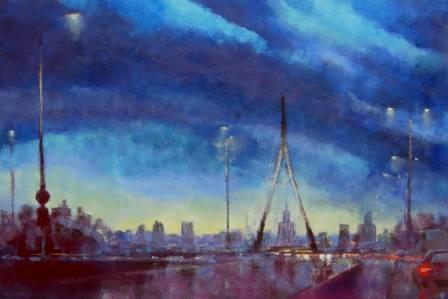 pejzaż miejski, most, budynki, noc, światła, intensywne barwy, zimna kolorystyka