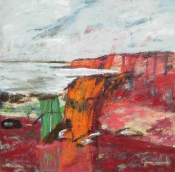 pejzaż z wodą, brzeg morza, jeziora, dukt pędzla, biel, biały czerwony