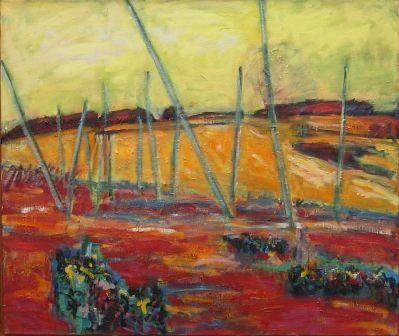 pola z tykami na chmiel, pejzaż malarski, żywe ciepłe kolory, żółty, czerwony