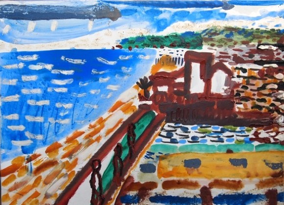 krajobraz, morze, plaża, ludzie , domy, obrazek, malowany, dukt pędzla, ilustracja, pejzaż