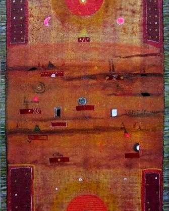 symbole i przedmioty na czerwonym tle, pomarańczowy, czerwony, drobne elementy, małe obrazki, wzory