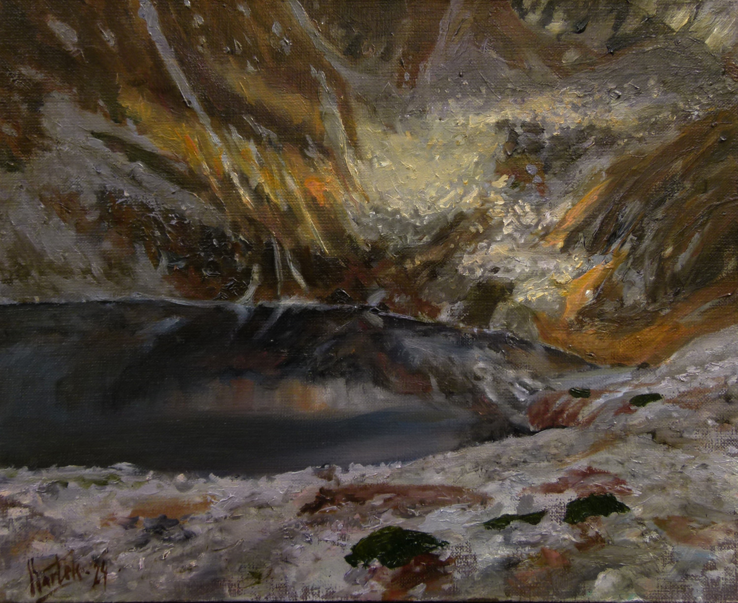 Malarski widok na Zadni Staw w Tatrach, realistyczny pejzaż, śnieg, góry