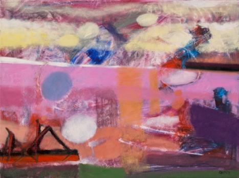 Abstrakcyjny obraz w odcieniach różu i fioletu z geometrycznymi i organicznymi kształtami oraz jasnymi akcentami.