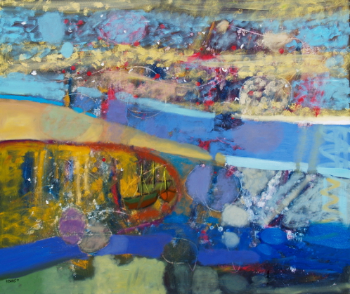 Kolorowa abstrakcja, pejzaż, żółty, niebieski, błękitny, krajobraz z żaglówkami i refleksami światła na wodzie.