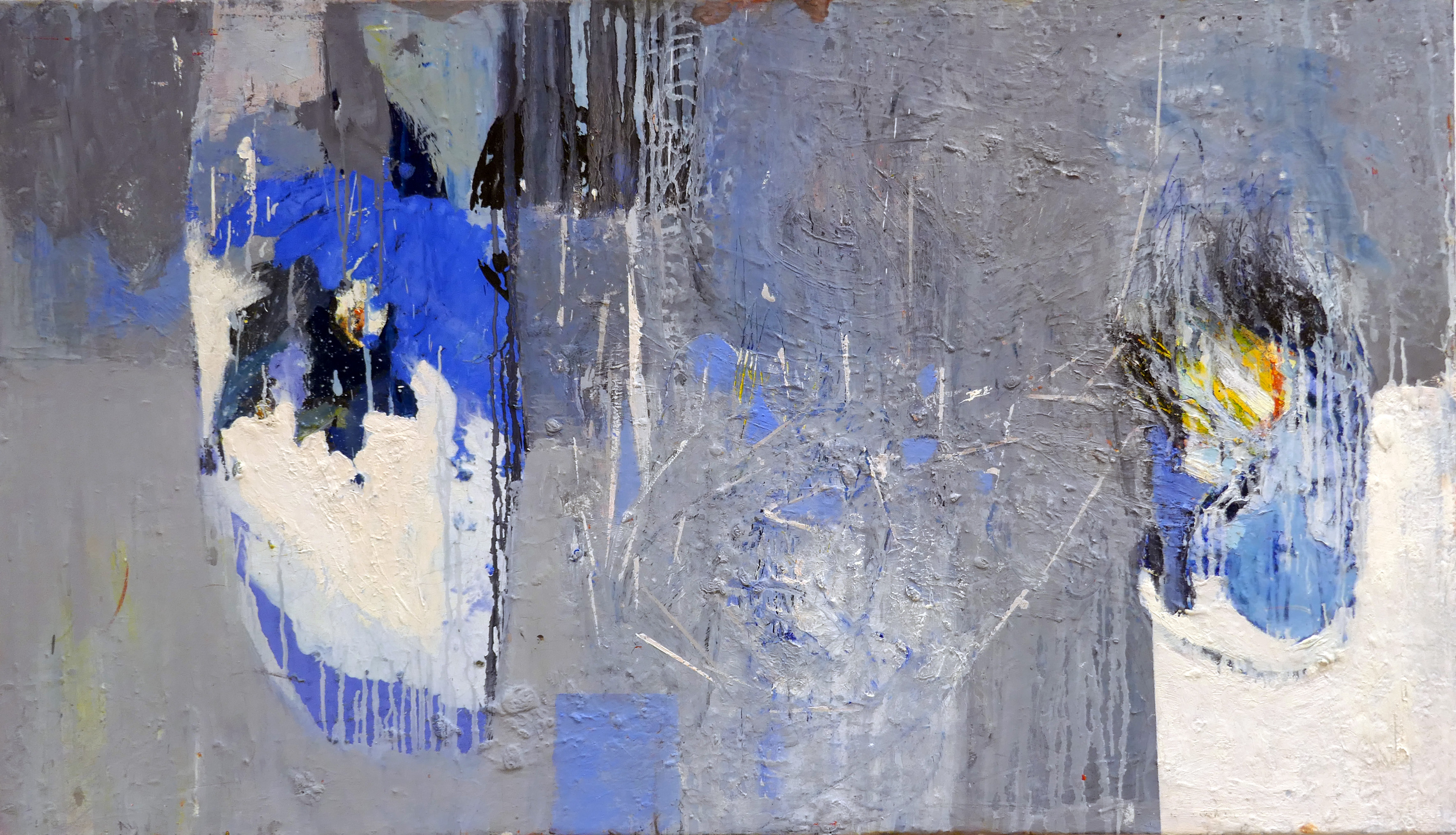 abstrakcja  szaro- niebieska, widoczna struktura na płótnie