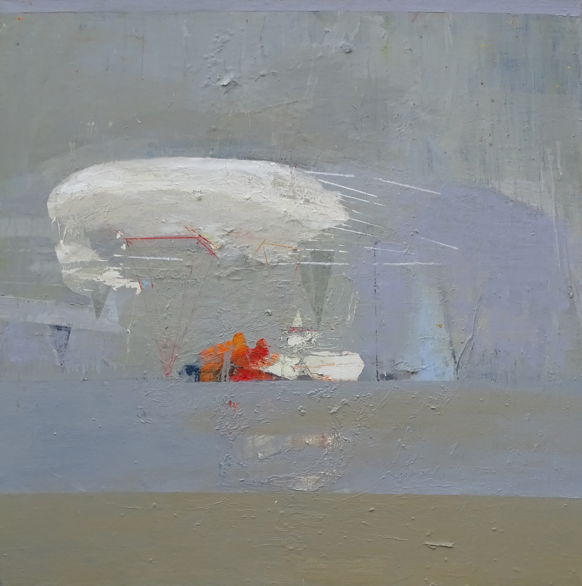 abstrakcja niebiesko-szara , minimalistyczny pejzaż ,chmura nad domami