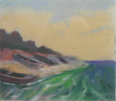 pejzaż , morze, plaża z łódkami, pastele, smugi, kolor, niebo, chmury, lato