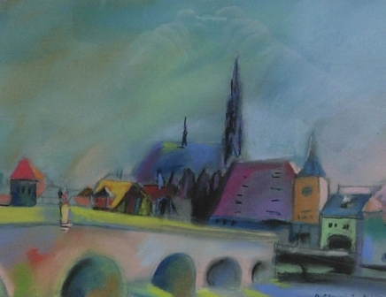 pejzaż miejski, most i domy, wieże kościoła, architektura, błękit, wiele kolorów, żywa kolorystyka, ilustracja