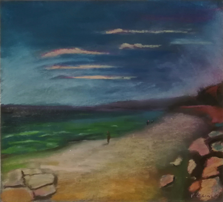 pejzaż morski, trzy postacie idące plażą, lato, wakacje, pastele, kolory