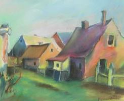 kolorowy pejzaż , domy., wioska, dziecięca, bajkowa stylistyka, pastelowe kolory