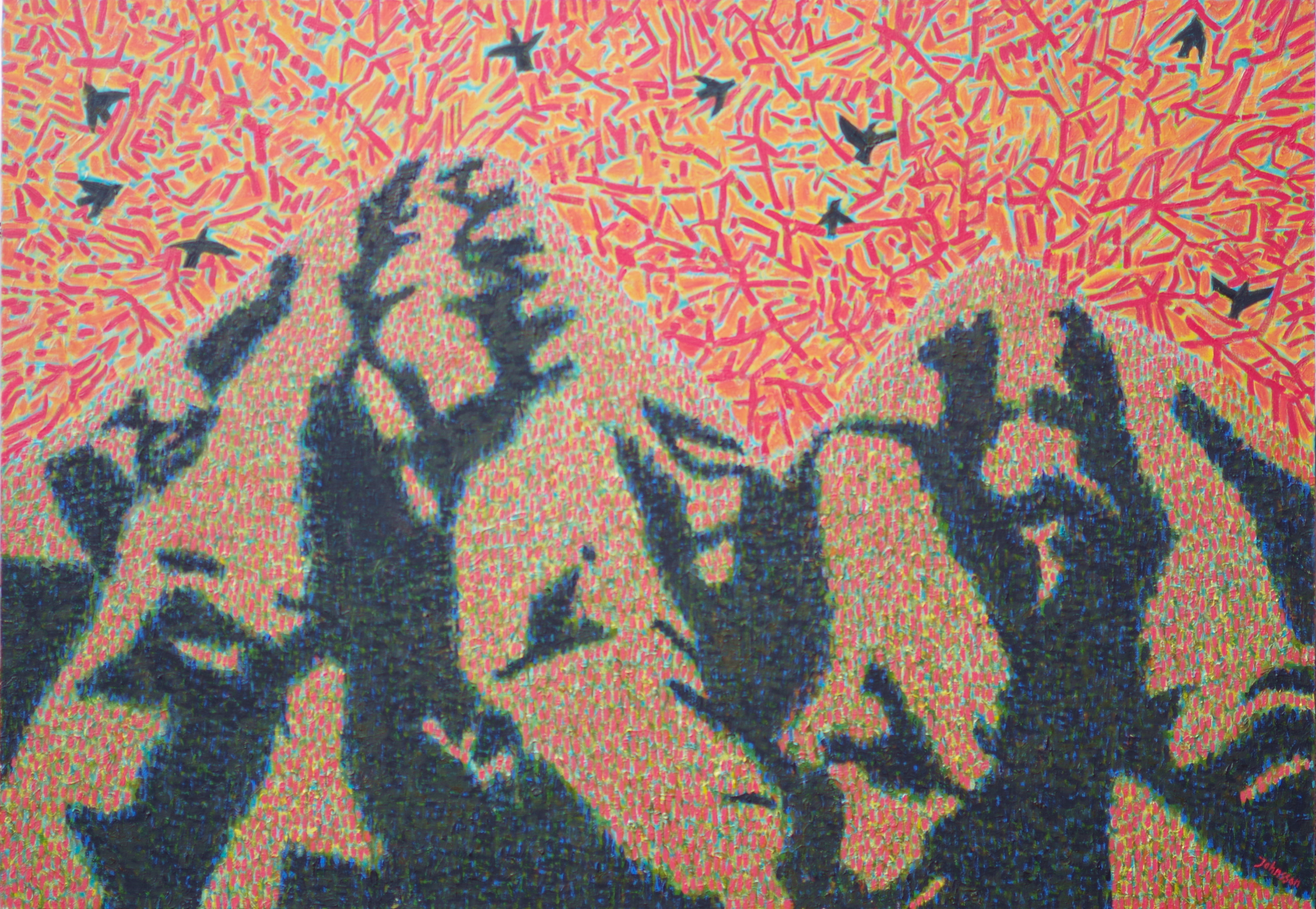 abstrakcja z niewielka figuracją, dwie góry i latające ptaki