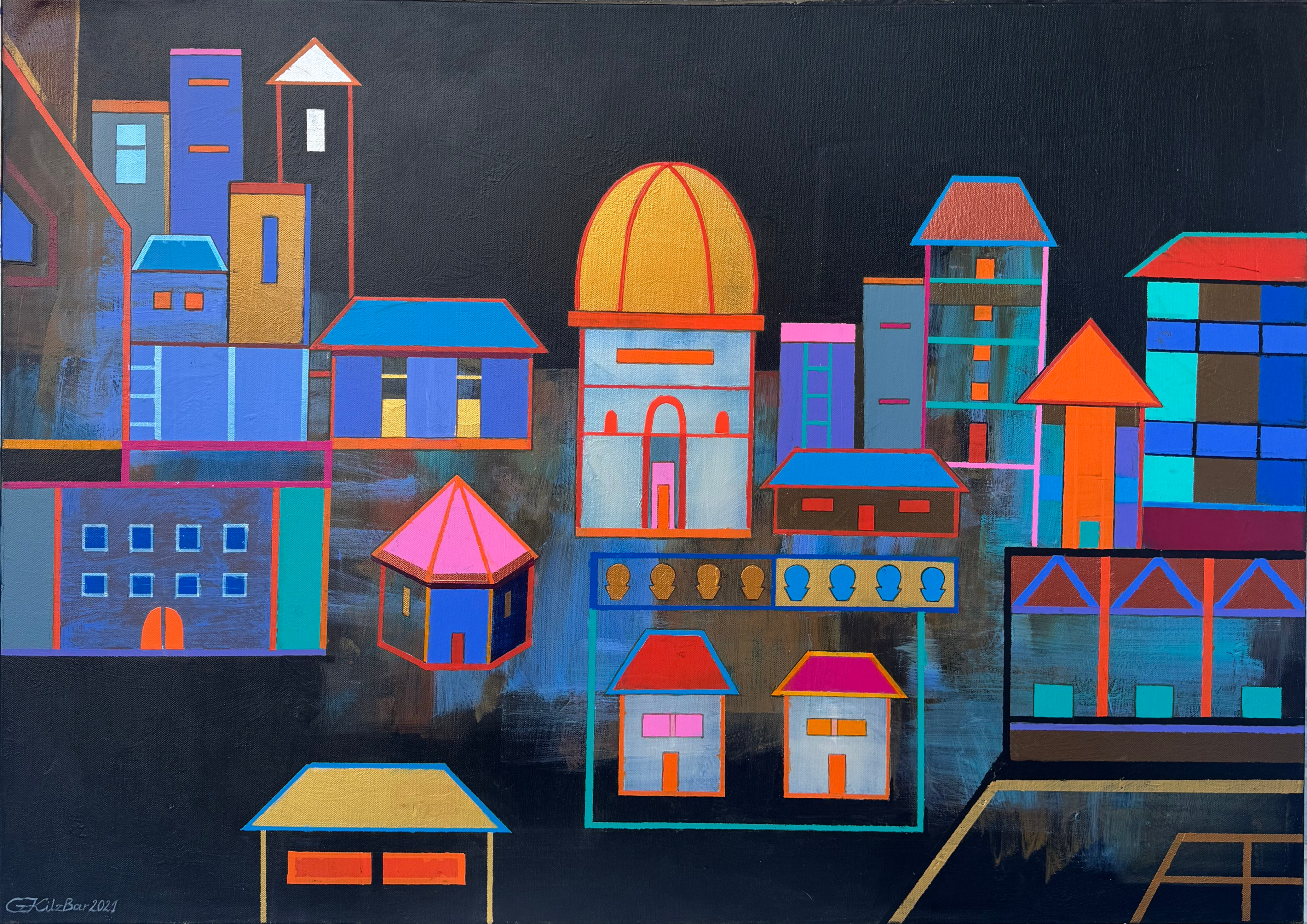 miasto w nocy, kolorowe domy, stylistyka dziecięca, architektura