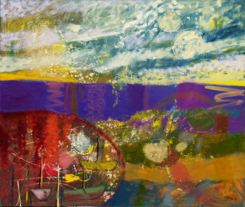 Barwna abstrakcja przedstawiająca pejzaż, czerwony, fioletowy, zielony, niebieski, kolor, niebo