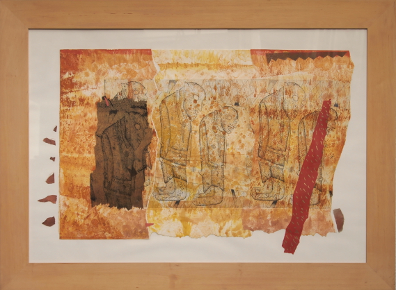 kilka postaci idących w szeregu, papier, postacie, ludzie, pomarańczowy, brązowy, czerwony, wycinanka, kalka, odbitka