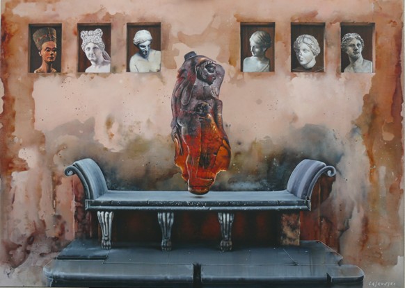 obraz w stylu surrealizmu, sofa i ściana z wykuszami, w nich rzeźby antyczne